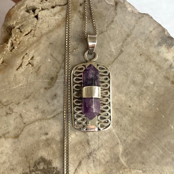 Sterling Silver 925 Double Point Amethyst Snake Scrollwork Pendant Necklace 18" - Picture 11 of 16
